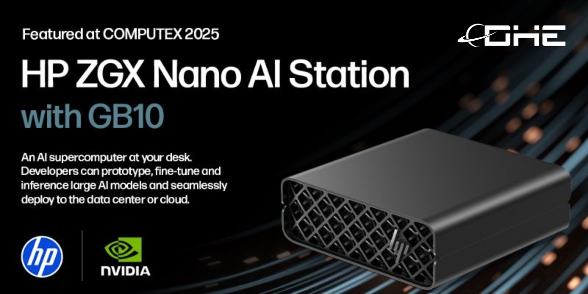 HP ZGX Nano AI Station with GB10 showcased at COMPUTEX 2025 — compact AI workstation powered by NVIDIA Grace Blackwell, featured by HP and DHE Computer Systems.