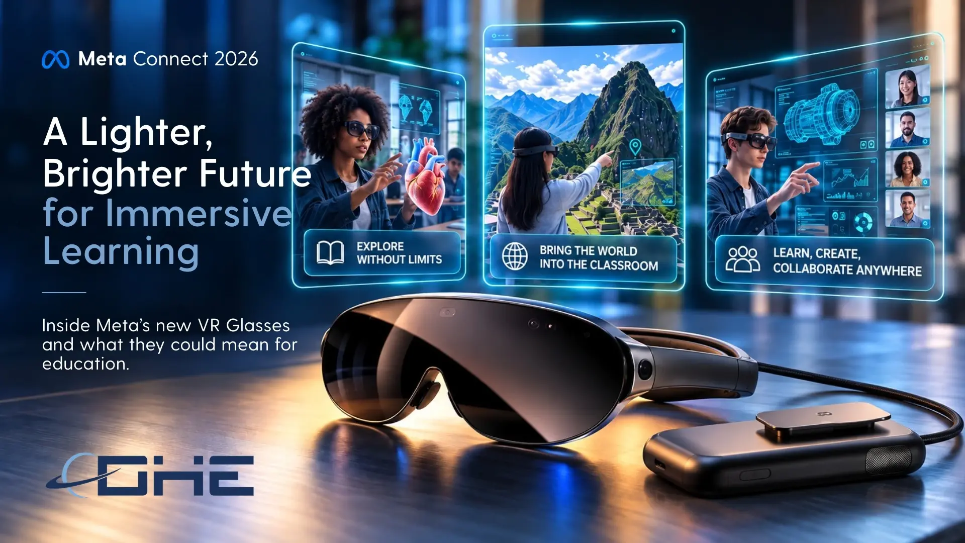 Meta Connect 2026 visual showing new Meta VR glasses with immersive learning scenes for anatomy, virtual field trips, and collaborative engineering.